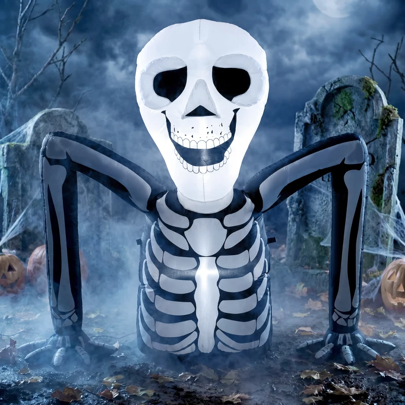 Outsunny Opblaasbaar halloween-skelet, kruipt uit de grond, met ledverlichting, griezeldecoratie voor binnen en buiten