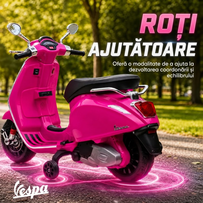 AIYAPLAY Motocicletă electrică pentru copii cu licență Vespa, roți ajutătoare, far și muzică, PP și metal, 107x47x73 cm, Roz