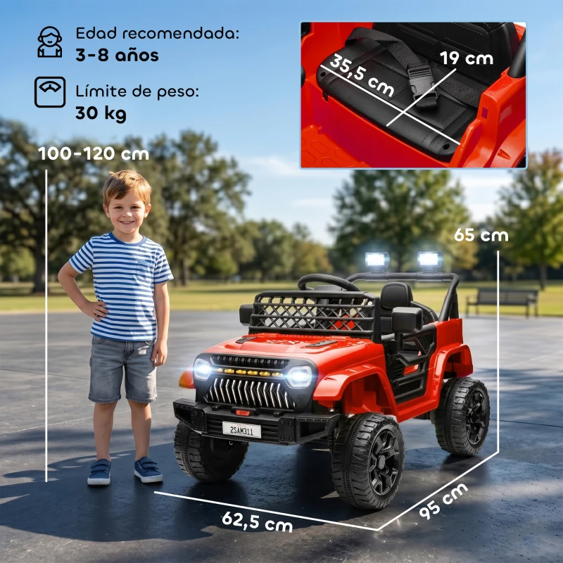 AIYAPLAY Coche Eléctrico para Niños con Batería 12V Mando a Distancia Velocidad Ajustable USB Faros Bocina Rojo