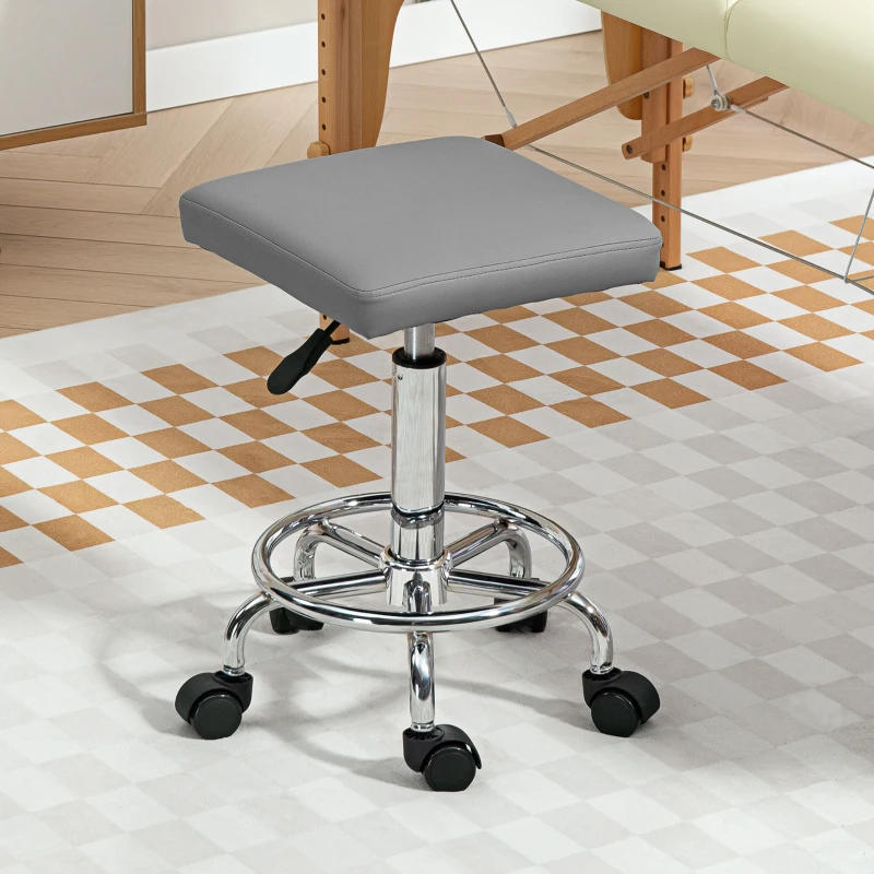 HOMCOM Taburete Giratorio Ajustable Con Asiento Acolchado Reposapiés y Ruedas para Salones y Talleres 34x34x50-66 cm Gris