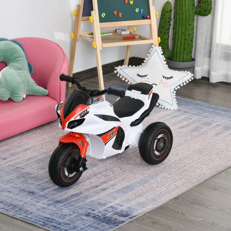 HOMCOM Moto Giocattolo a 3 Ruote per Bambini 18-36 Mesi, Motocicletta Cavalcabile Stile Polizia con Musica e Fari Senza Pedali in PP e Metallo Bianco e Rosso