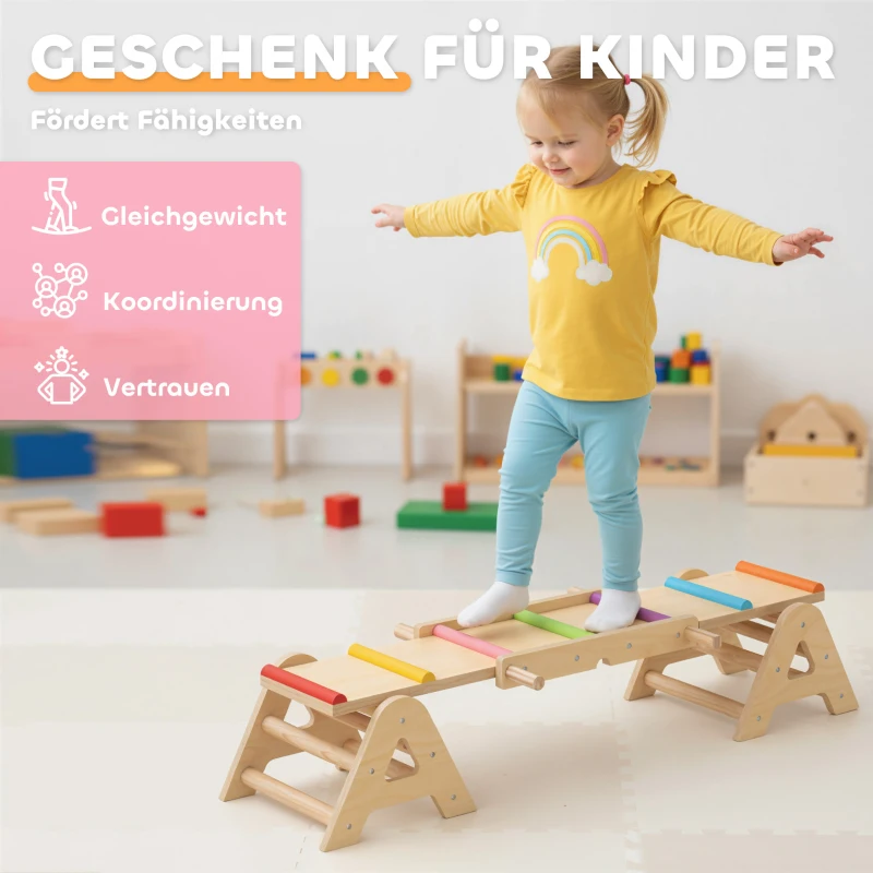 AIYAPLAY Houten wip en evenwichtsbalk, 2 in 1 kinderspeelwip voor tuin, wip voor 2-4 jaar, 133 x 38 x 24 cm, Meerkleurig