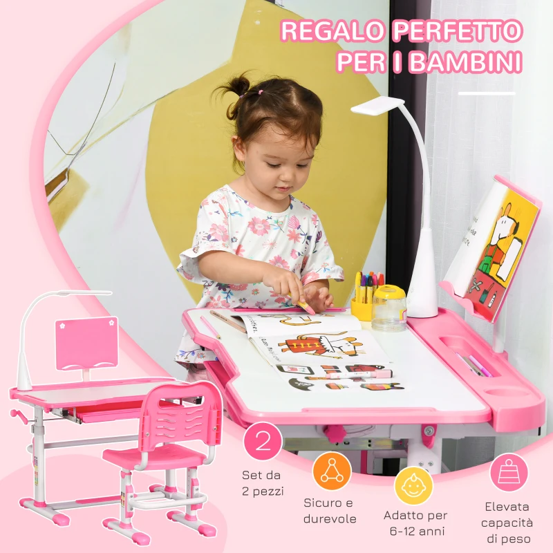 HOMCOM Set Scrivania per Bambini 6-12 Anni con Sedia Regolabile in Altezza, Cassetto, Luce e Piano Inclinabile, Rosa