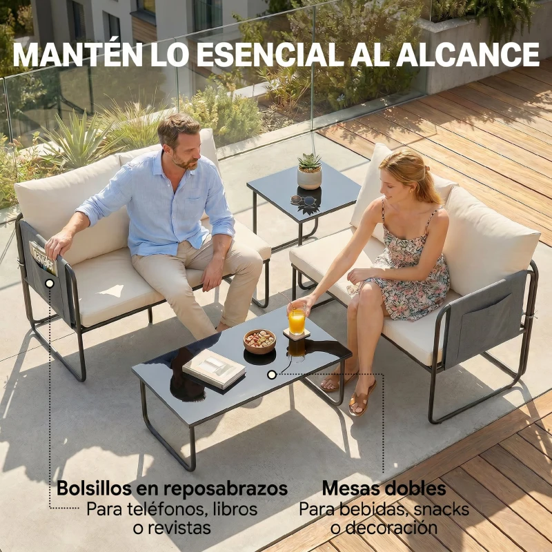 Outsunny Conjunto Jardín Exterior de 4 Piezas con 2 Sofás 2 Plazas 2 Mesas de Vidrio Cojines Fundas Extraíbles y Bolsillos Caqui