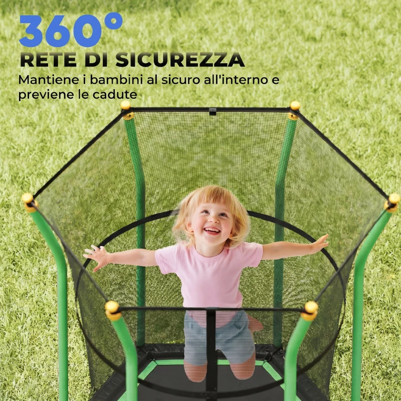 HOMCOM Trampolino Elastico per Bambini 3-10 Anni con Ingresso a Cerniera e Pali Imbottiti, 122x111x190 cm, Verde