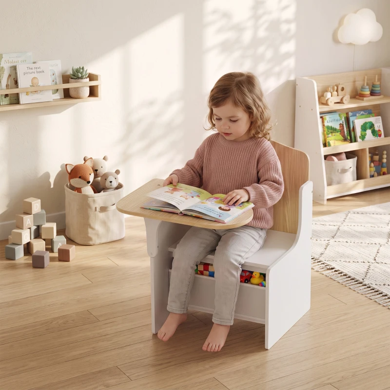 AIYAPLAY Set Tavolo e Sedia per Bambini 3-5 Anni in Legno MDF con Motivi a Cuore, Contenitore Integrato, Bianco