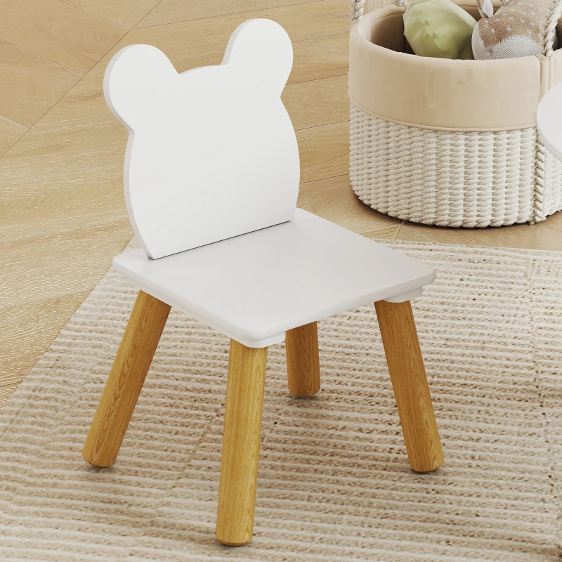 AIYAPLAY Set con Tavolo e 2 Sedie per Bambini con Schienale a Orsetto, Tavolino con Vano Contenitore, Bianco