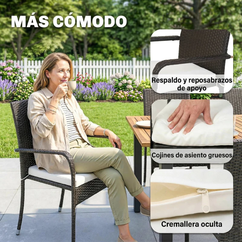 Outsunny Conjunto de Mesa y Sillas Jardín de Ratán 7 Piezas con Mesa Extensible con Tablero Madera y 6 Sillas Apilables Cojines