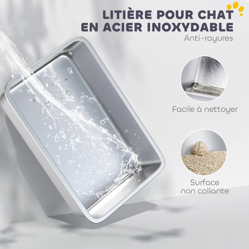 PawHut Bac à litière fermé XL en acier inoxydable, maison de toilette pour grand chat, 60,2 x 40,2 x 43,3 cm, gris clair