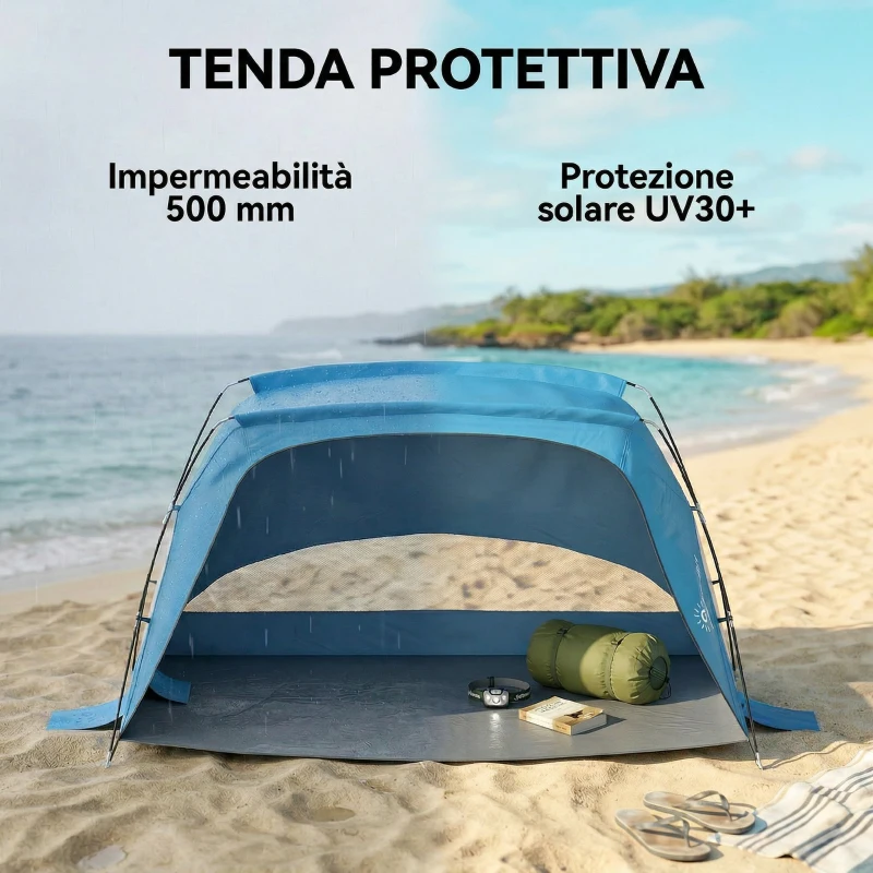 Outsunny Tenda Spiaggia UV30+, 2-3 Persone, Sacchi Sabbia, Facile Montaggio, Azzurro.