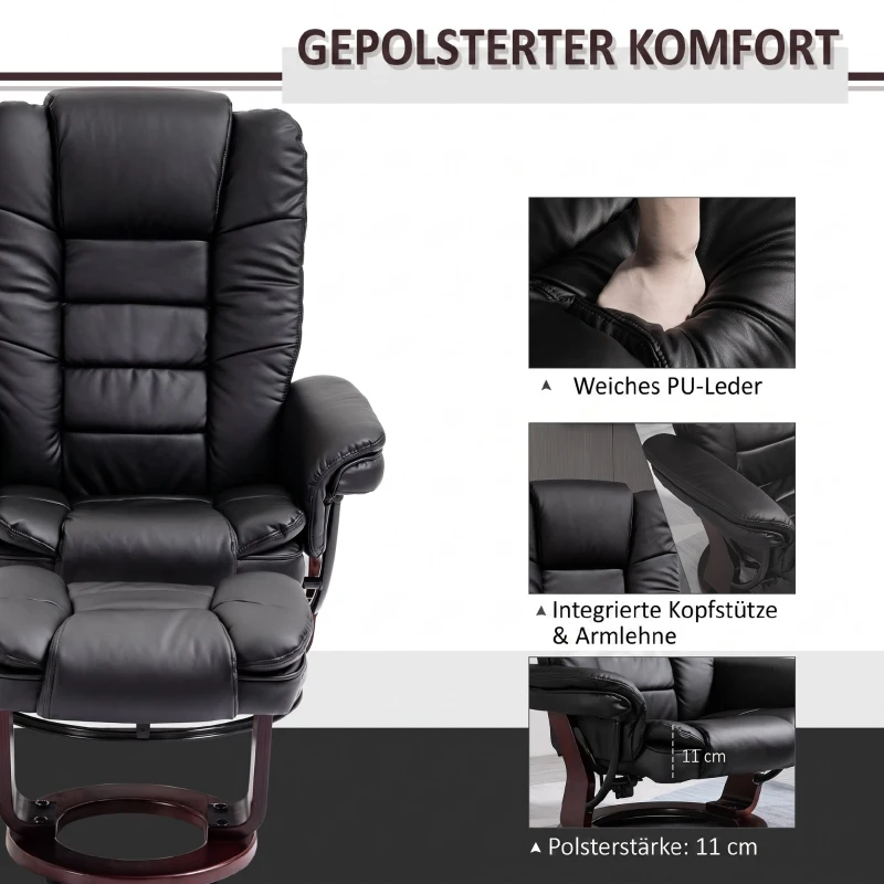 HOMCOM Relaxfauteuil met voetenbank, draaibare ligstoel, verstelbare rugleuning, lederlook, tot 130 kg, zwart