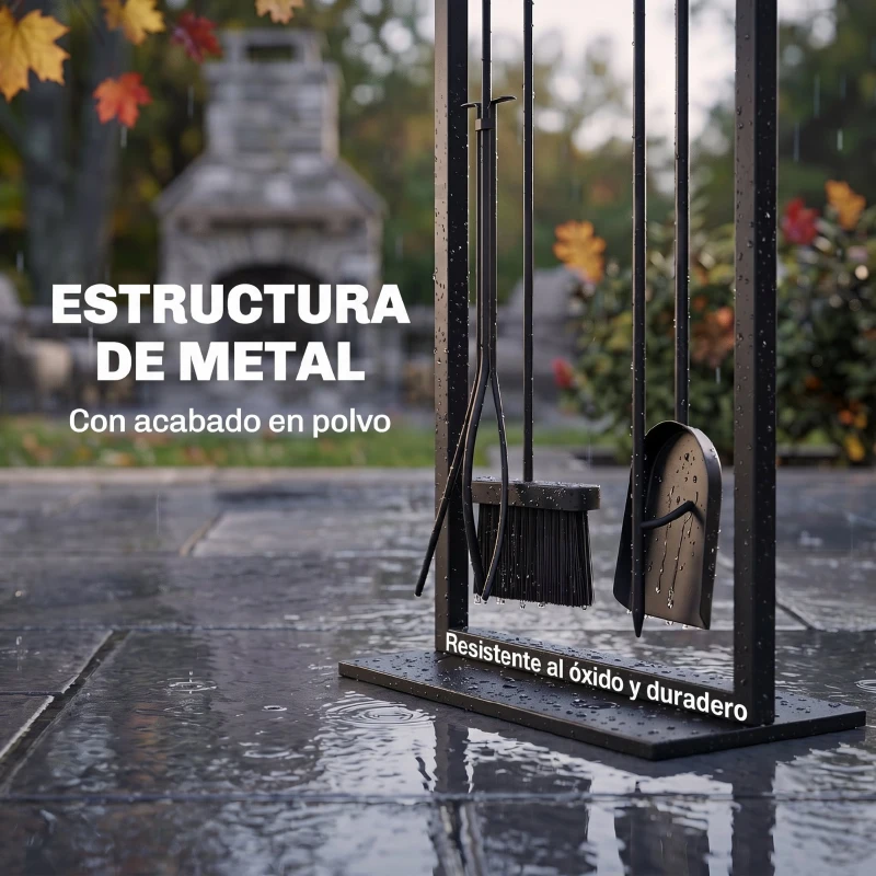 Outsunny Juego de Utensilios para Chimenea de 5 Piezas de Metal con Cepillo Pala Atizador Pinzas y Soporte Negro