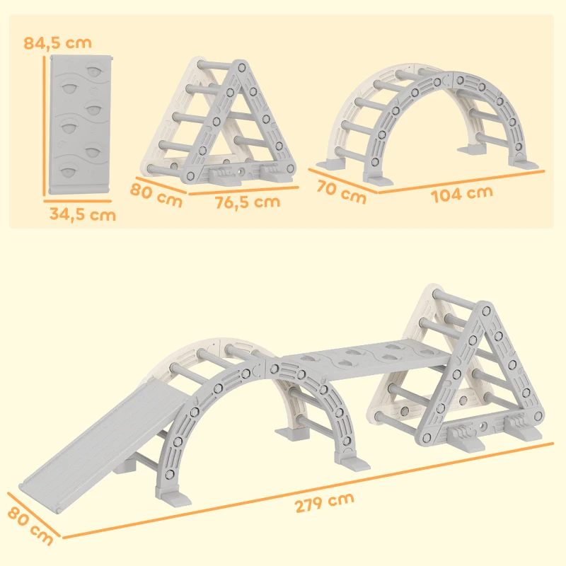 AIYAPLAY 5 in 1 Klettergerüst Montessori Indoor, Kletterdreieck mit Rutsche, Kletterbogen, doppelseitige Rampe, Spielplatz Indoor für Kinder 18-48 Monate, Grau+Weiß