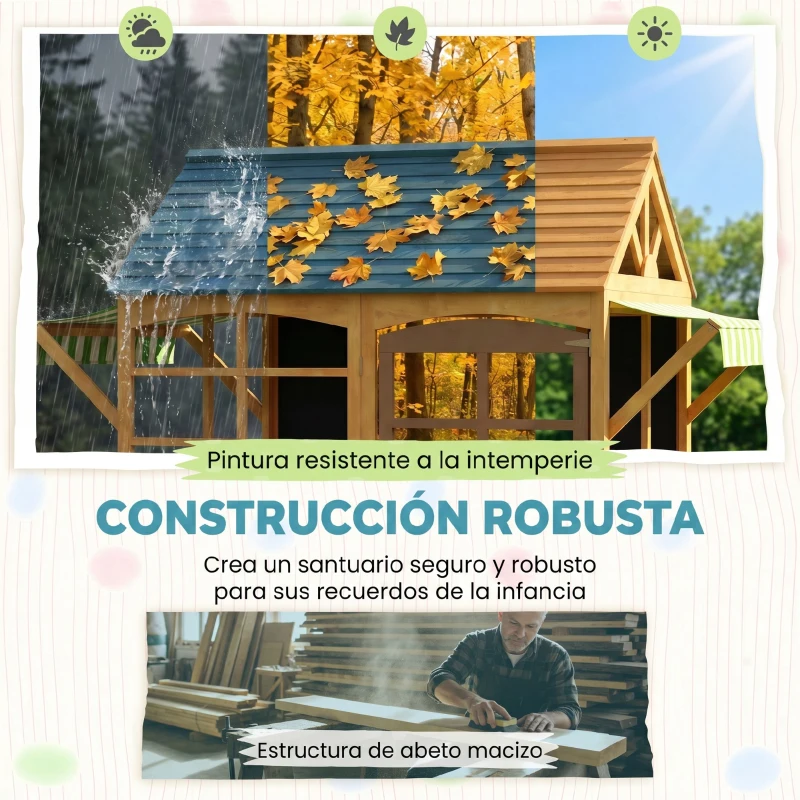 AIYAPLAY Casita de Juegos Infantil de Madera con Ventanas Pizarras Tejado y Toldo 173x117x144 cm Madera Natural