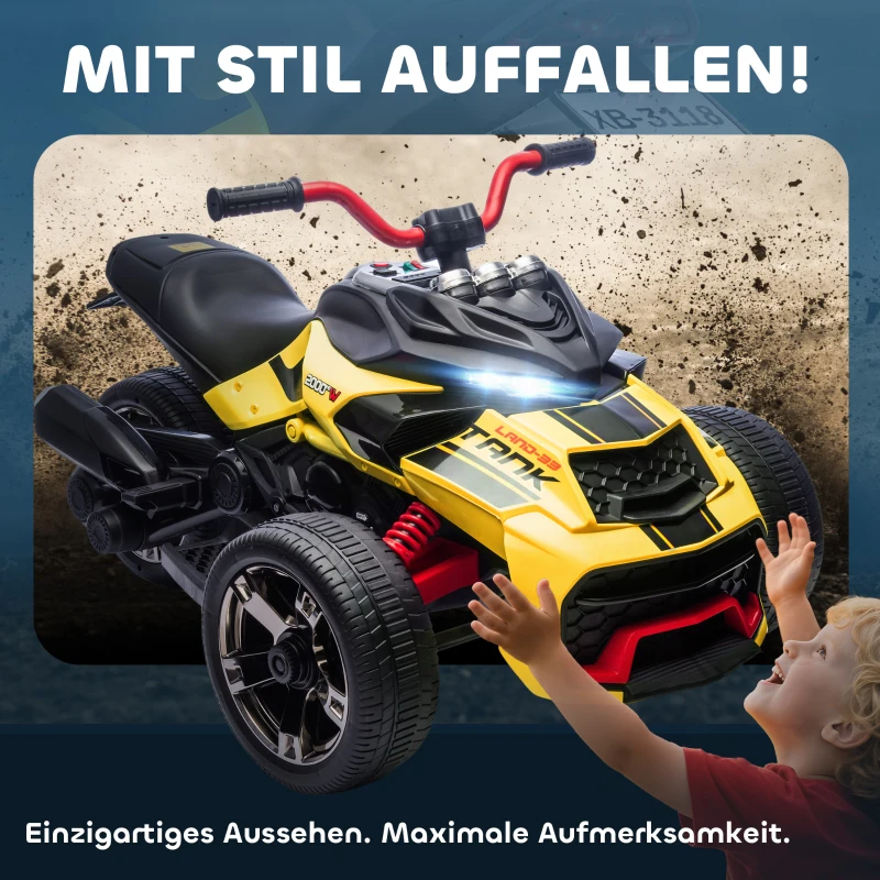 AIYAPLAY Elektrisch kinderquad, omgekeerd driewielontwerp, op batterij, MP3-speler, claxon, 2 snelheden, LED-lichten, 3-8 jaar, Geel(m-7)