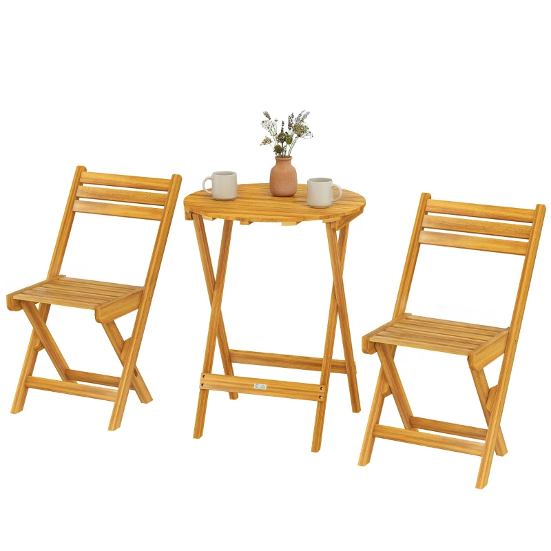 Outsunny Ensemble de Bistrot 3 Pièces Pliable en Bois d'Acacia avec Table Ronde et 2 Chaises, san Montage, 60x60x75cm, Naturel