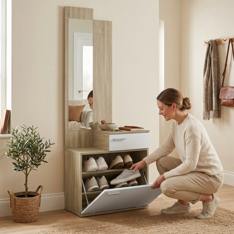 HOMCOM Recibidor de Entrada con Espejo Zapatero Abatible Cajón Mesa Pequeña 61x30x170 cm Blanco