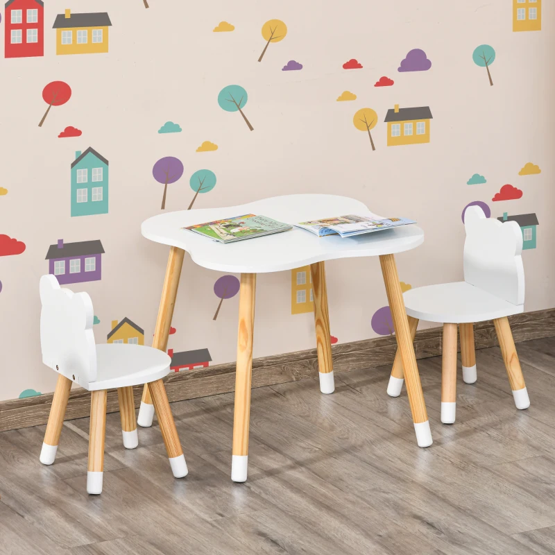 HOMCOM Set Tavolino con 2 Sedie per Bambini a Forma di Orsetto in Legno, Bianco