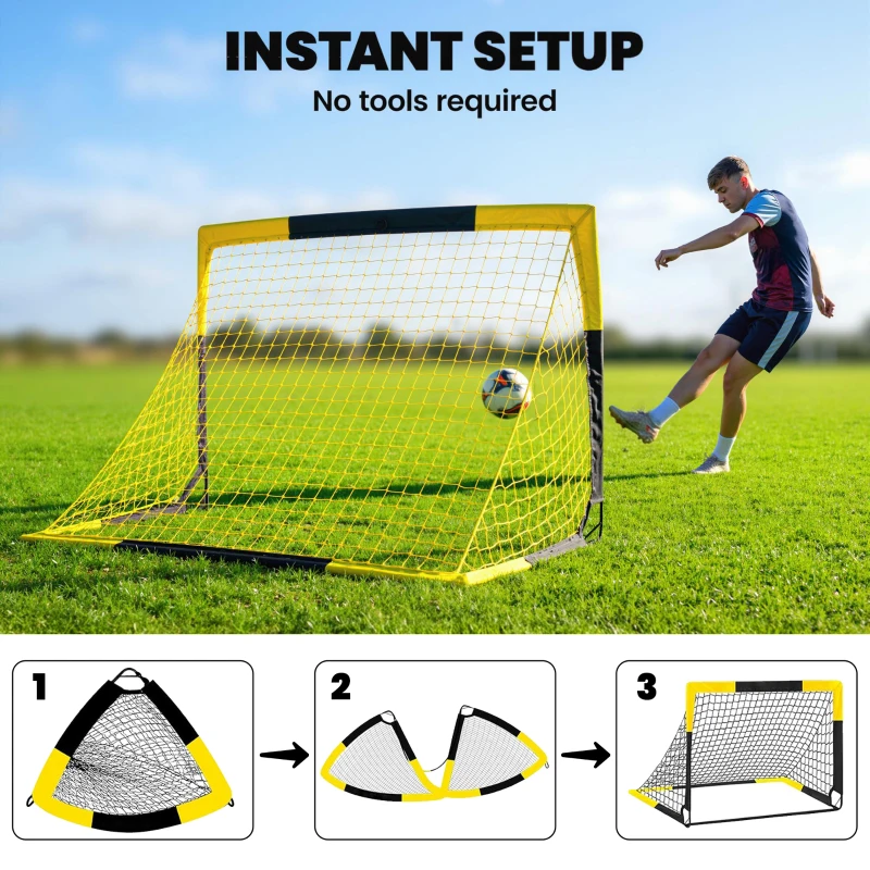 SPORTNOW Set of 2 Pop Up Football Goal, Portable Folding Football Net with Carry Bag, 8 U-Shaped Ground Stakes, Fibreglass Pole
