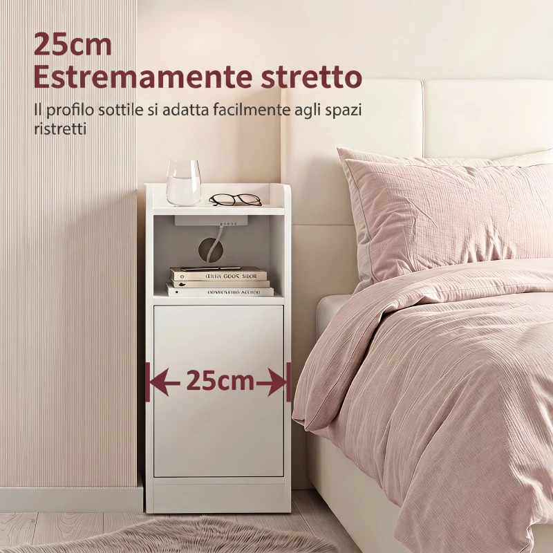 HOMCOM Set 2 comodini con stazione di ricarica, armadietto e ripiano, 25x30x60 cm, Bianco
