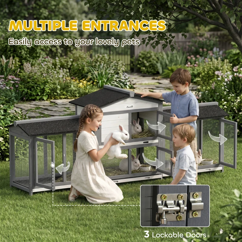 PawHut 2-Tier Large Rabbit Hutch Outdoor with Double Side Run Boxes, No-leak Plastic Tray, Ramp, 230 x 53 x 93.5cm, Light Grey