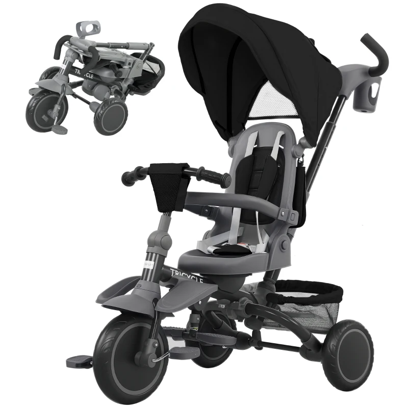 AIYAPLAY 6 in 1 Foldable Kids Trike with Adjustable Parent Handle & Canopy for Ages 1-5, Black