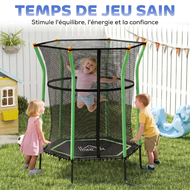 HOMCOM Trampoline pour enfant 1,22 x 1,11 x 1,9 m filet de sécurité porte zippée 6 poteaux rembourrés inclus vert noir