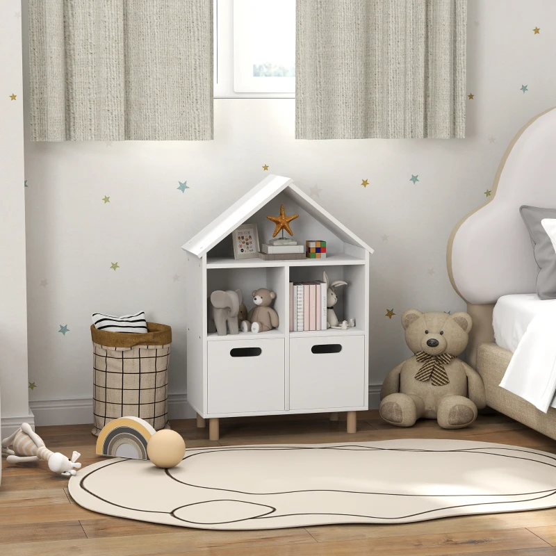 AIYAPLAY Bibliothèque enfants meuble de rangement enfants 3 niveaux avec deux tiroirs forme de maison 63,7 x 29,7 x 89 cm blanc