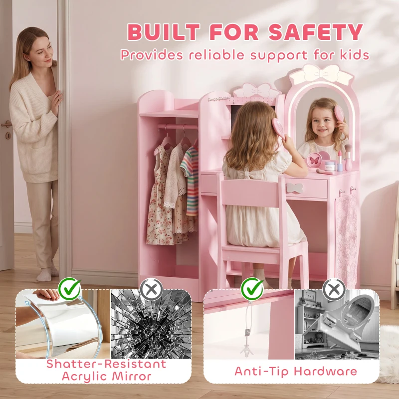 AIYAPLAY Kids Dressing Table, 3-in-1 Girls Vanity Set with Stool, 2-Colour Lights Mirror, Clothes Rack for Ages 3-8, Pink