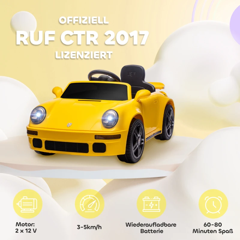 AIYAPLAY Kinder-Elektroauto, 12V Kinderauto mit Fernbedienung, sanfter Start, MP3-Player, LED-Lichter, Hupe, Energieanzeige, Gelb