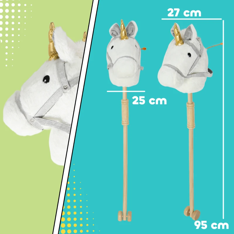 AIYAPLAY Cabeza de Caballo con Palo de Madera Diseño Unicornio Sonidos y Ruedas Caballo de Juguete 95 cm de Altura Blanco