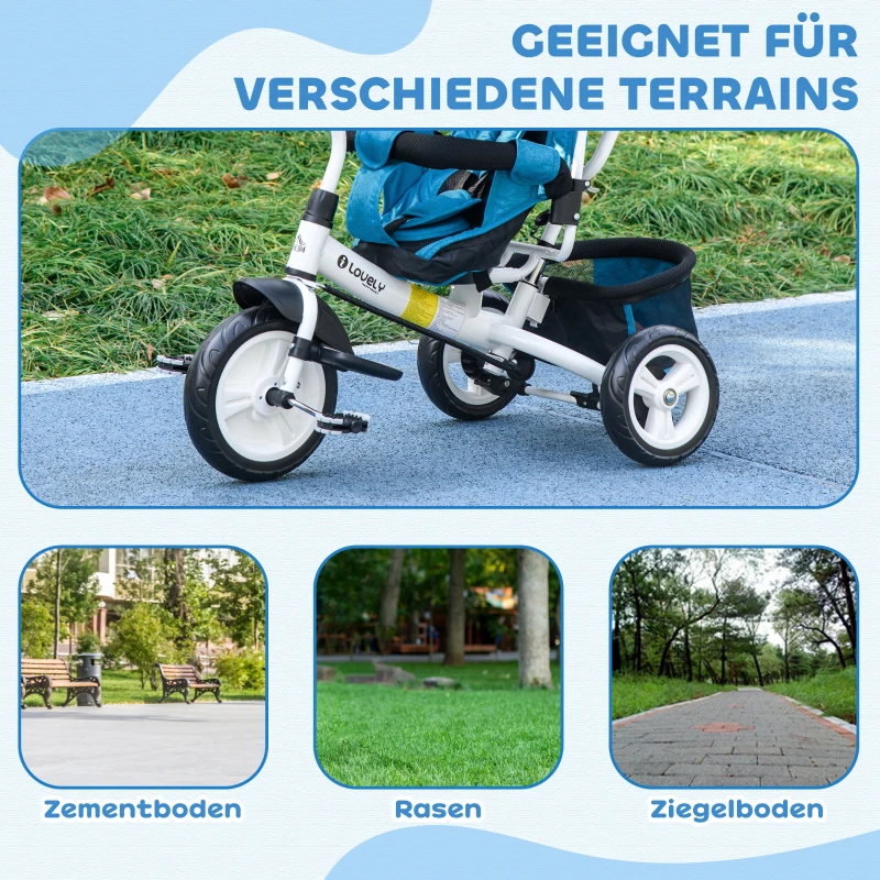 HOMCOM Kinderdriewieler, Kinderfiets, Achtermand, Bekerhouder, Zonnedak, Metaal, Blauw