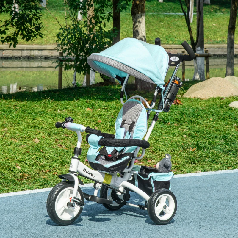 HOMCOM Triciclo Evolutivo para Bebés de +12 Meses 2 em 1 com Toldo Dobrável Guiador Cinto de Segurança e Cesto 95x50x106 cm Verde Mint