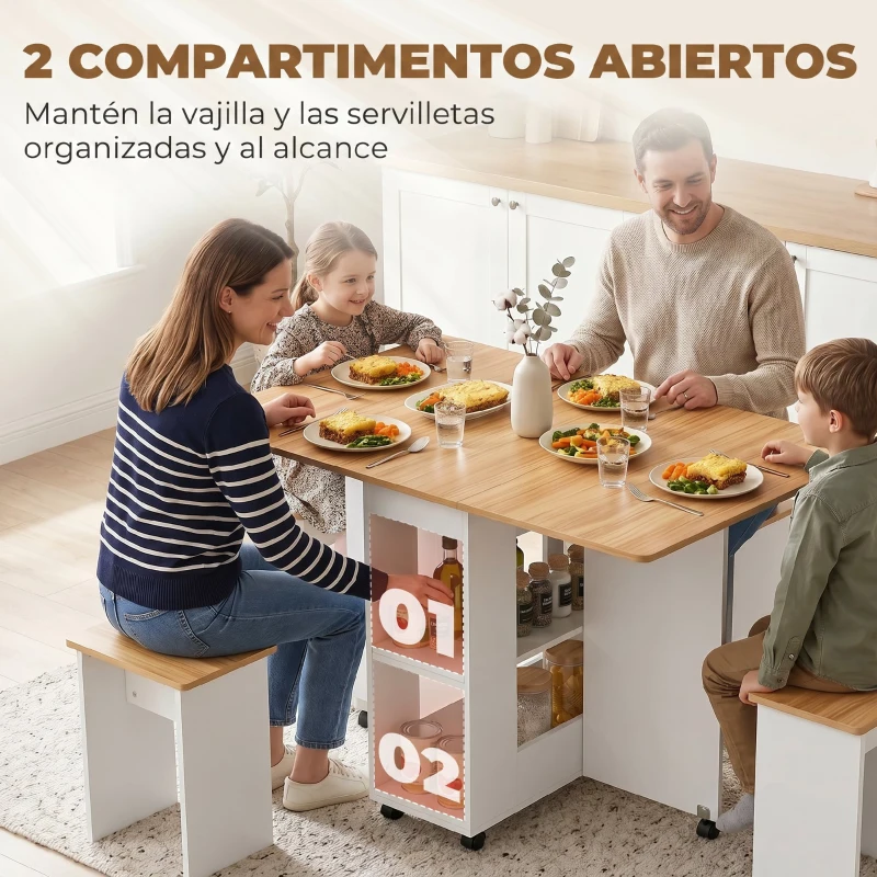 HOMCOM Conjunto Mesa de Comedor Plegable y 4 Taburetes Ocultos 2 Alas Abatibles Ruedas Estantes Roble