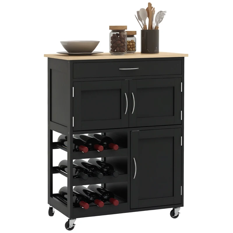 HOMCOM Carucior de Bucătărie din Lemn cu Suport pentru Sticle, 3 Uși și Sertar, 67x37x87 cm, Negru și Stejar