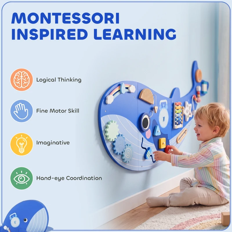 AIYAPLAY Whale Activity Wall Busy Board, 13 in 1 Montessori Inspired Sensory Wall Panel for Playroom Nursery Boys Girls 2+, Blue