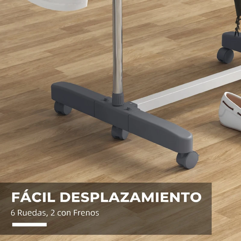 HOMCOM Tendedero Vertical de 4 Niveles con Ruedas 2 Laterales Abatibles Estantes Ajustables y Marco de Acero Gris y Plata