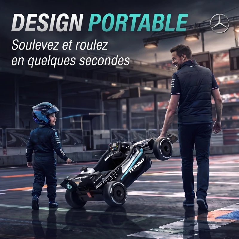 AIYAPLAY Kart Électrique Enfants 12V, Go Kart Mercedes-AMG PETRONAS F1 avec 2 Moteurs, Télécommande, 3 Vitesses, Noir