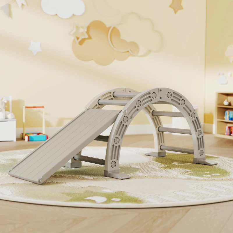 AIYAPLAY Escalada para Niños de 18-48 Meses 4 en 1 con Arco de Escalada Mecedora Rampa y Tobogán 164x70x57 cm Gris y Blanco