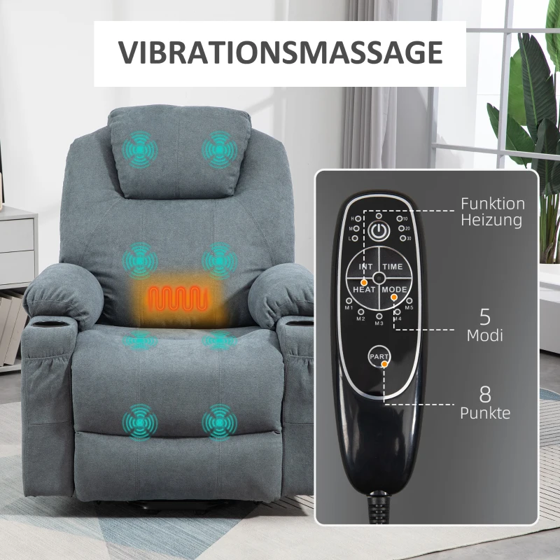HOMCOM Massagestoel met opsta-hulp seniorenstoel, 8 massagepunten, zijvakken, afstandsbediening, 90L x 101B x 107 cm, grijs