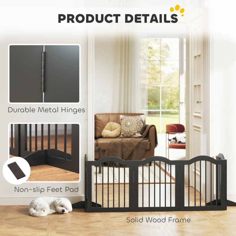 PawHut Freestanding Dog Gate Wooden Stair Gate for Dogs with Support Feet Foldable Pet Fence Safety Barrier for the House Doorway Stairs Black
