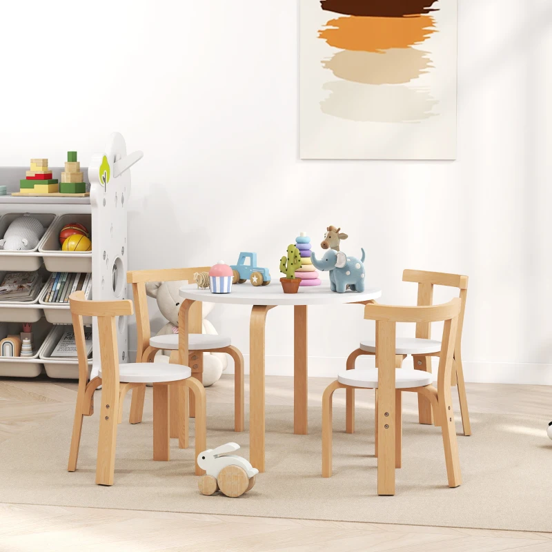 AIYAPLAY Set Tavolo e Sedie per Bambini 3-8 Anni 5 pz con Bordi Arrotondati in Legno Bianco