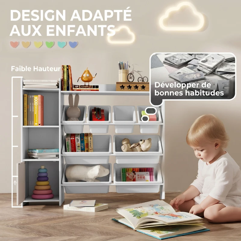 AIYAPLAY Meuble rangement enfant 3 à 8 ans, rangement jouets enfant avec 8 bacs amovibles, étagères de rangement, placard, blanc