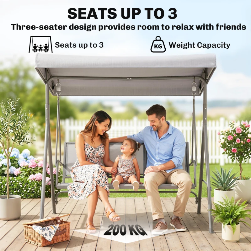 Outsunny 3 Seater Swing Chair, Garden Swing Bench with Adjustable Tilting Canopy, Breathable Mesh Seat and Heavy Duty Steel Frame for Patio, Garden, Grey
