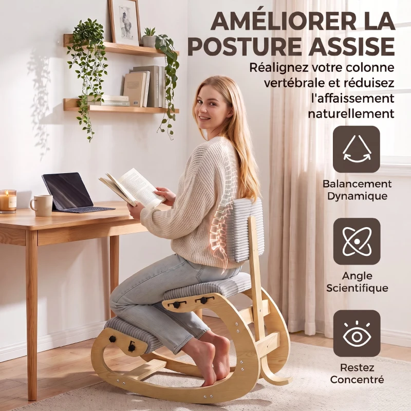 HOMCOM Chaise à Genoux Ergonomique avec Dossier, Siège Assis Genoux à Bascule Rembourré en Velours Côtelé, Gris Clair