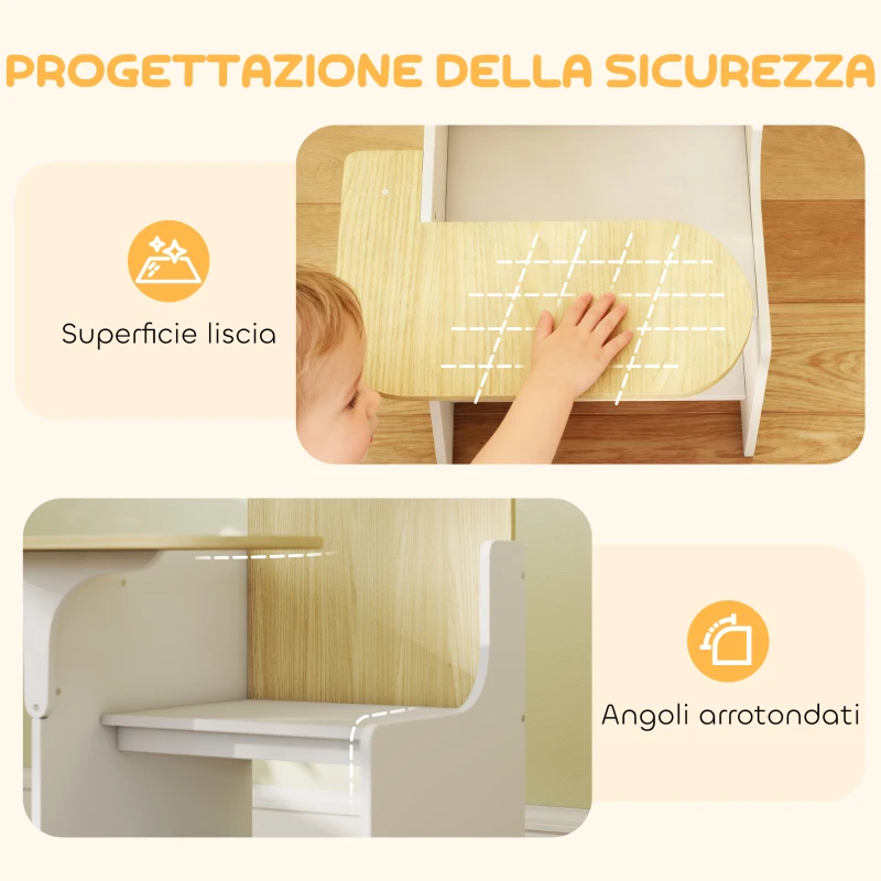 AIYAPLAY Set Tavolo e Sedia per Bambini 3-5 Anni in Legno MDF con Motivi a Cuore, Contenitore Integrato, Bianco