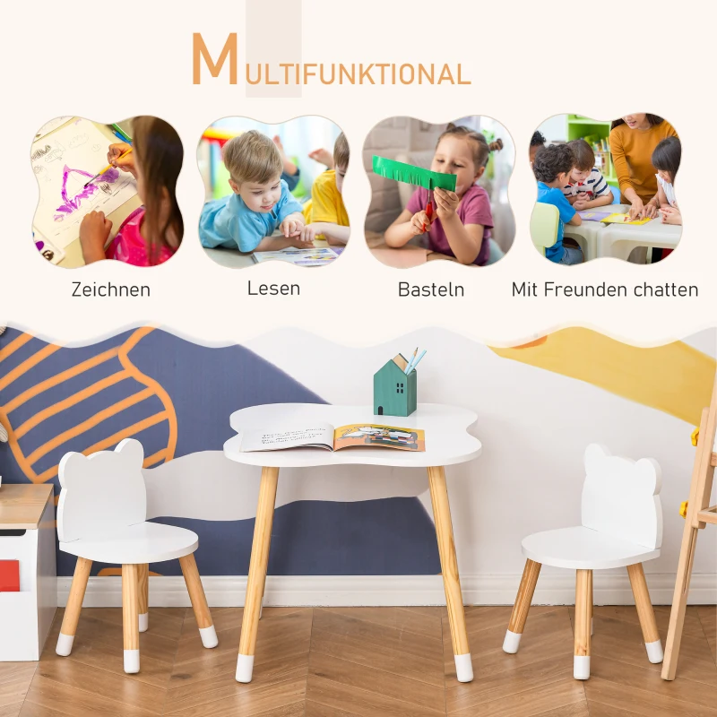 HOMCOM 3-delige kindertafelset kinderzitgroep MDF grenenhout wit + natuurlijk hout