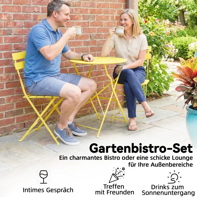 Outsunny 3-teiliges Garten Bistro Set Klappbar Bistrotisch mit 2 Stühlen Lamellen-Sitz Doppelt X-Beine Gelb
