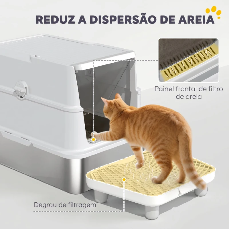 PawHut Caixa de Areia para Gatos Aço Inoxidável Interior XL com Pá Cinza Claro