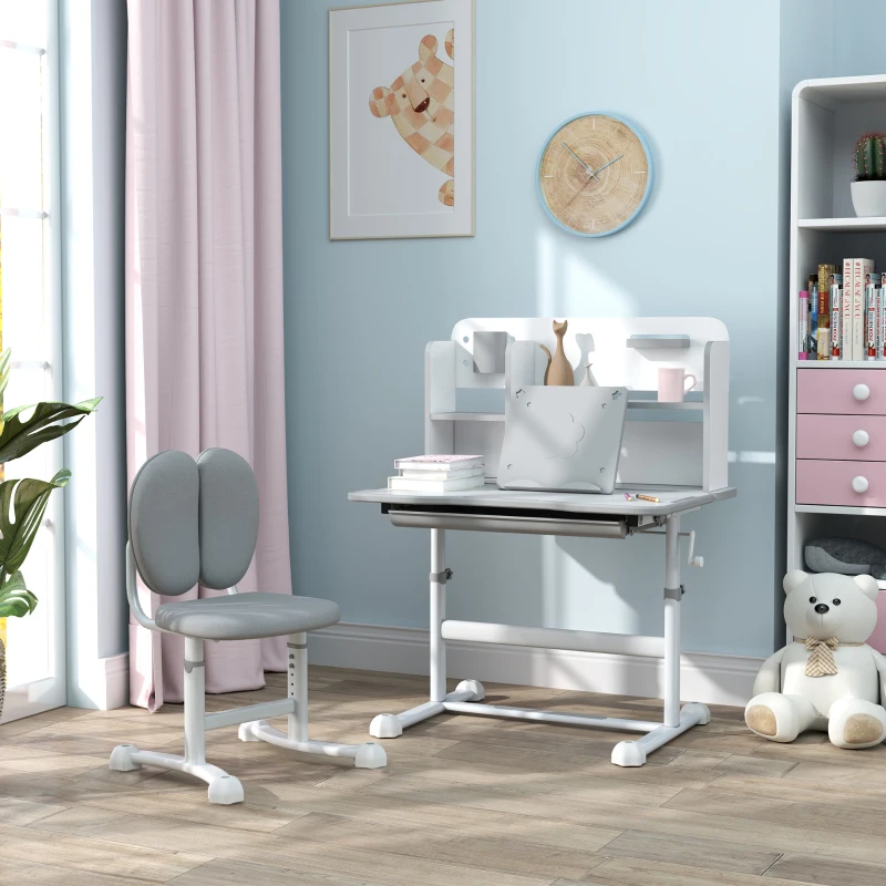 AIYAPLAY Set Scrivania e Sedia per Bambini Regolabili, Banco Scuola con Piano Inclinabile, Cassetto, Scaffale, Grigio